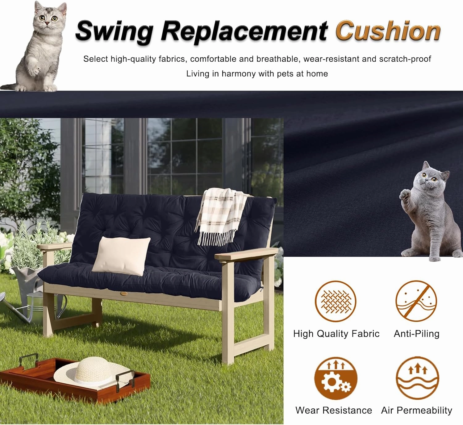 2-3 Seat Swing Replacement Cushion, Outdoor Bench Cushions with Backrest Thicken 4", Patio Furniture Garden Porch Loveseat Glider Pad Anti-Fading Waterproof (Navy Blue, 40x60in)