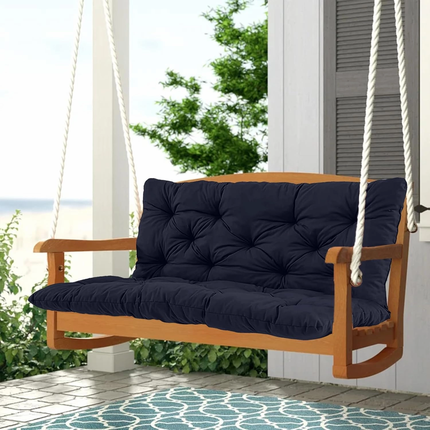2-3 Seat Swing Replacement Cushion, Outdoor Bench Cushions with Backrest Thicken 4", Patio Furniture Garden Porch Loveseat Glider Pad Anti-Fading Waterproof (Navy Blue, 40x60in)