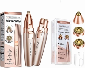2 in1 Eyebrow Facial Trimmer with Replacement Heads - Rechargeable Facial Hair Removal and Eyebrow Shaver - Face Lips Body Painless Facial Razor with Built-in LED Light (Rose Gold)