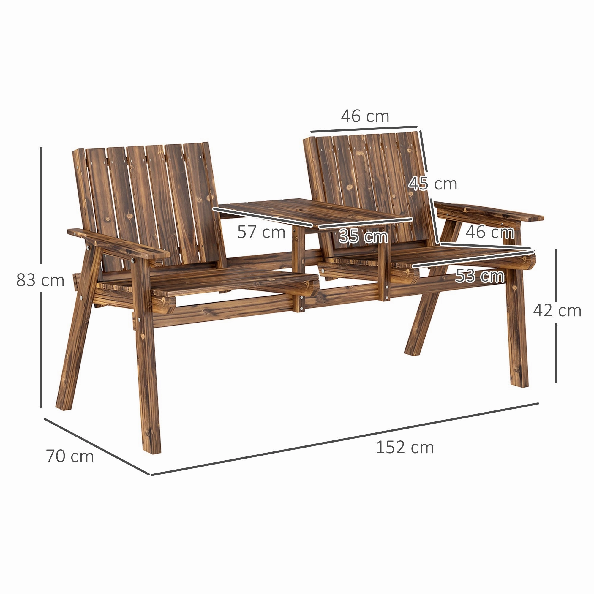 2-Seater Wooden Garden Bench with Table & Parasol Hole, Carbonised Finish
