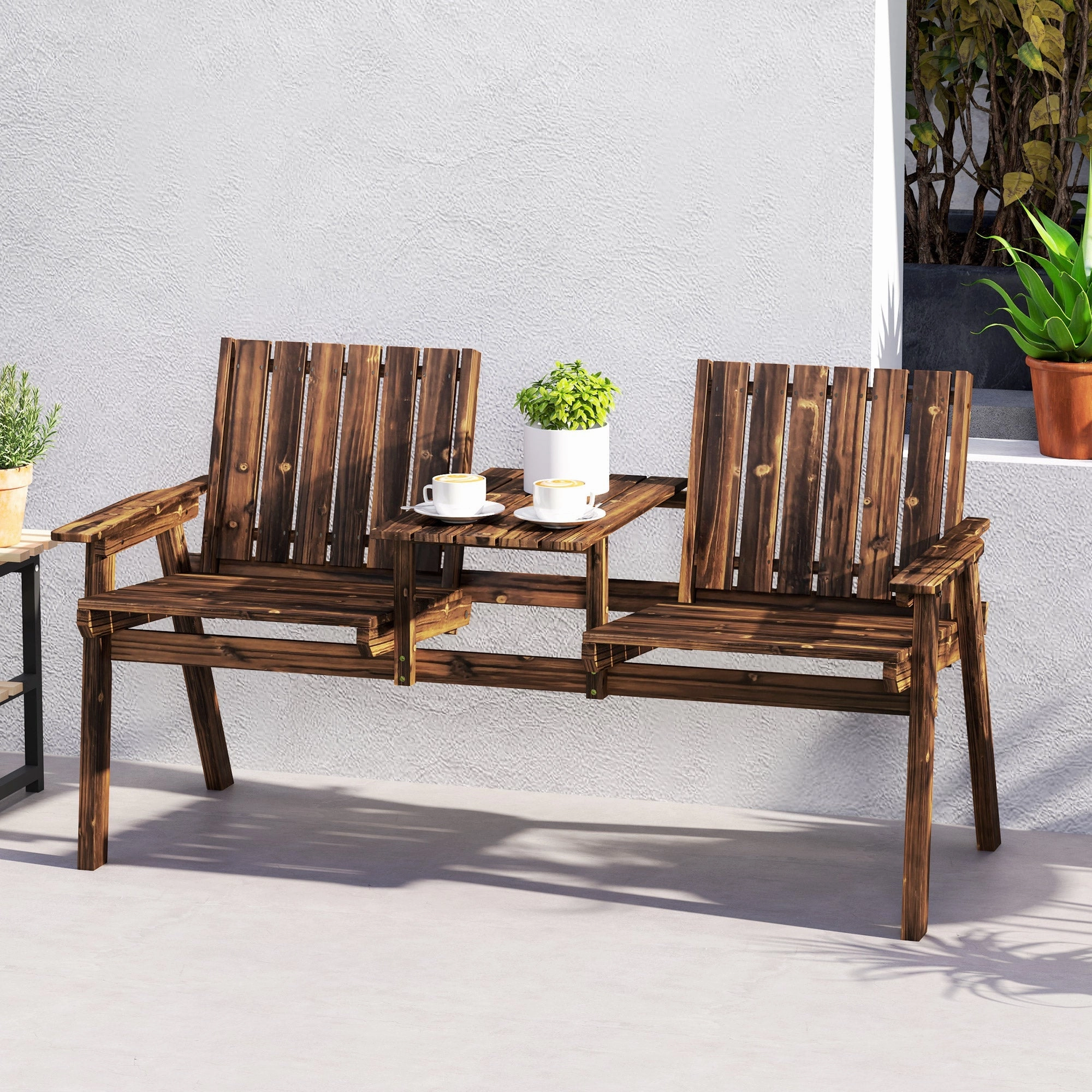2-Seater Wooden Garden Bench with Table & Parasol Hole, Carbonised Finish