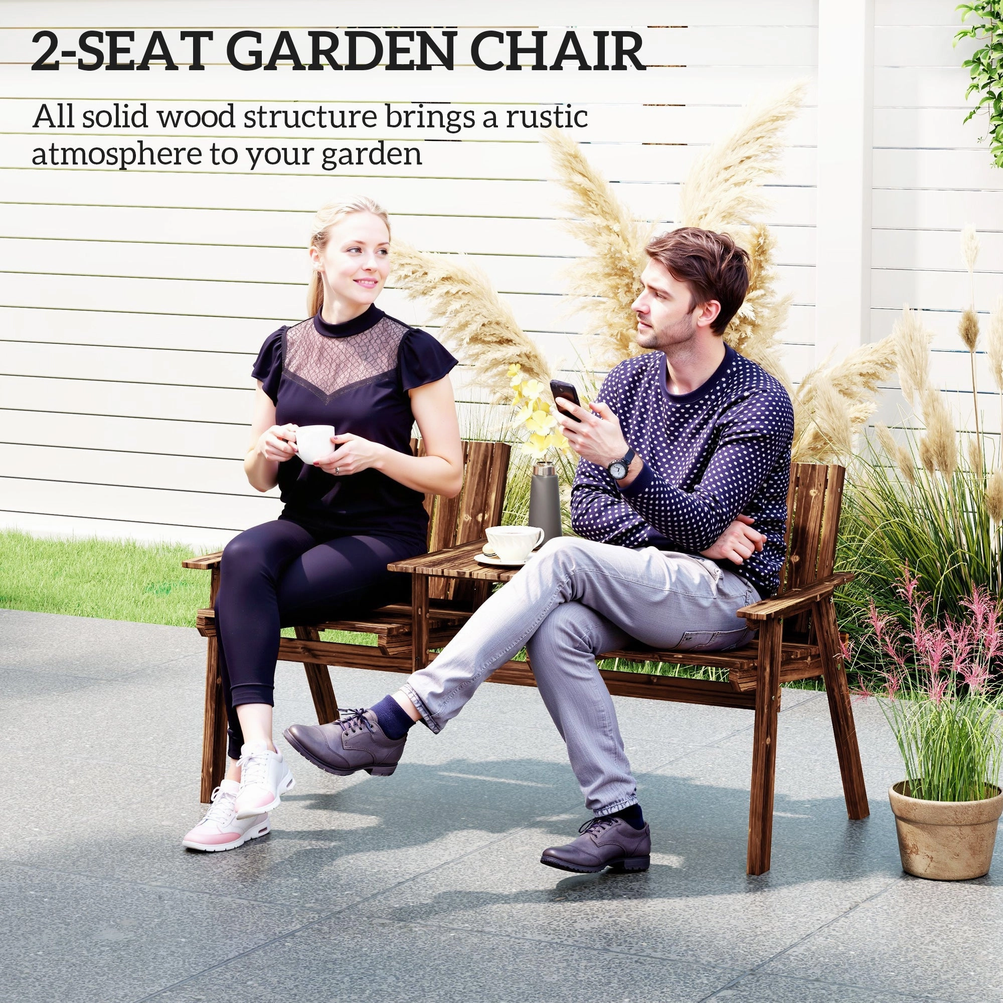 2-Seater Wooden Garden Bench with Table & Parasol Hole, Carbonised Finish