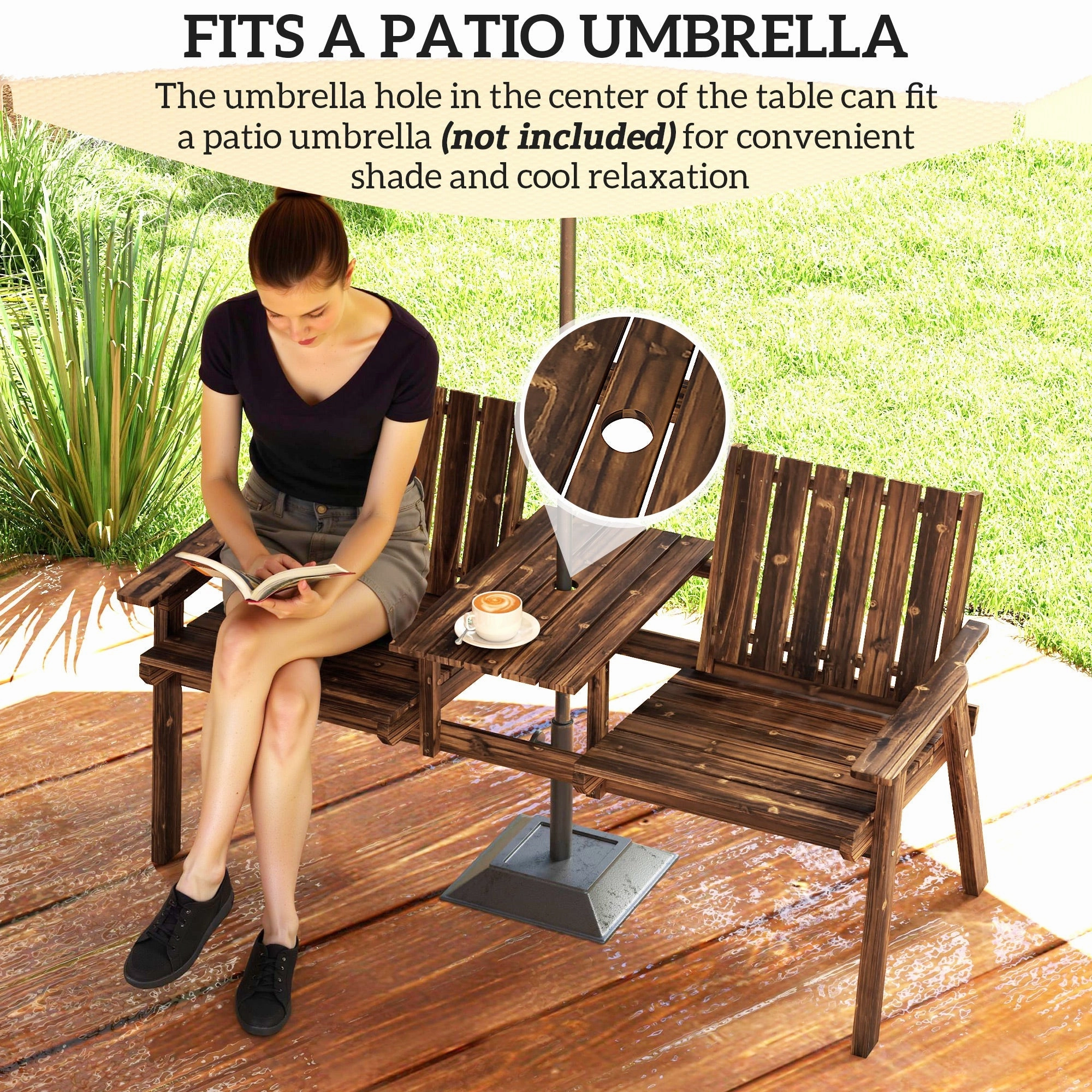 2-Seater Wooden Garden Bench with Table & Parasol Hole, Carbonised Finish
