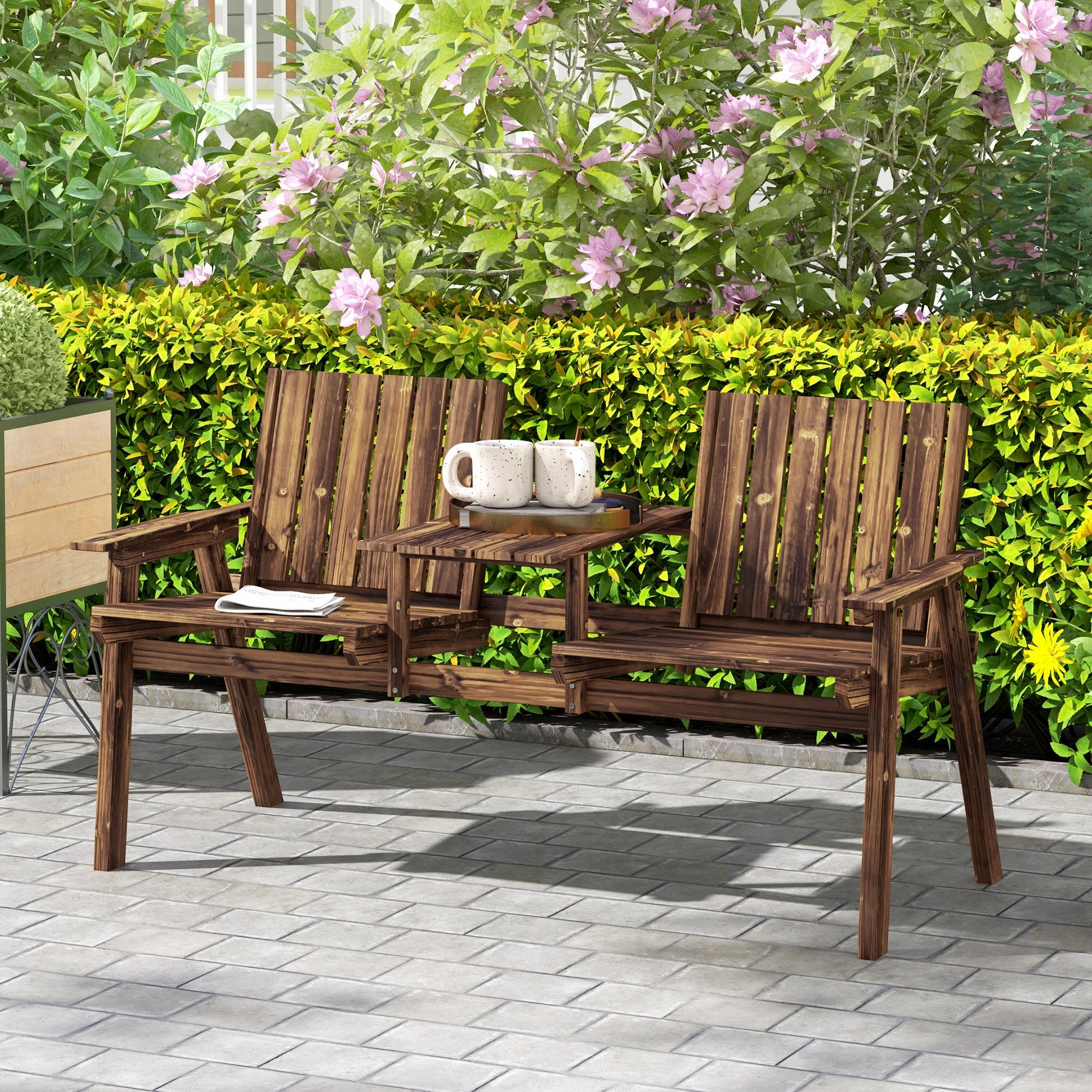 2-Seater Wooden Garden Bench with Table & Parasol Hole, Carbonised Finish