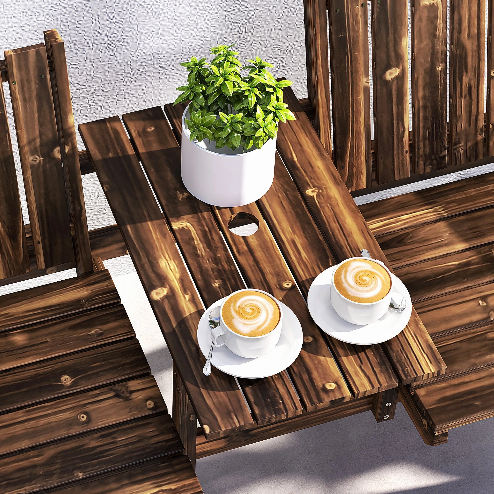 2-Seater Wooden Garden Bench with Table & Parasol Hole, Carbonised Finish