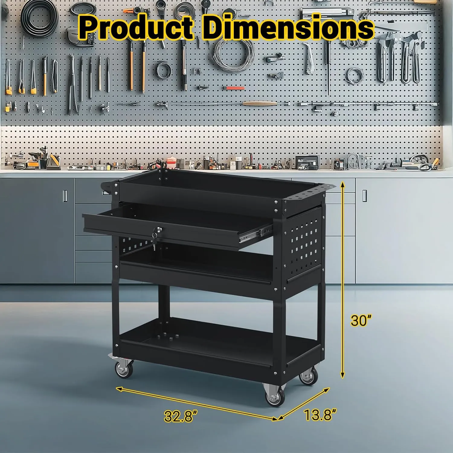3 Tier Rolling Tool Cart on Wheels, 550 LBS Tool Cart with Drawers，Heavy Duty Utility Cart with Pegboard and Hook，Mechanic Tool Storage Cart for Garage, Warehouse and Repair Shop(Black)