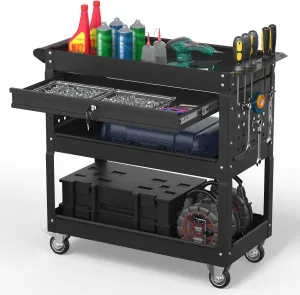3 Tier Rolling Tool Cart on Wheels, 550 LBS Tool Cart with Drawers，Heavy Duty Utility Cart with Pegboard and Hook，Mechanic Tool Storage Cart for Garage, Warehouse and Repair Shop(Black)