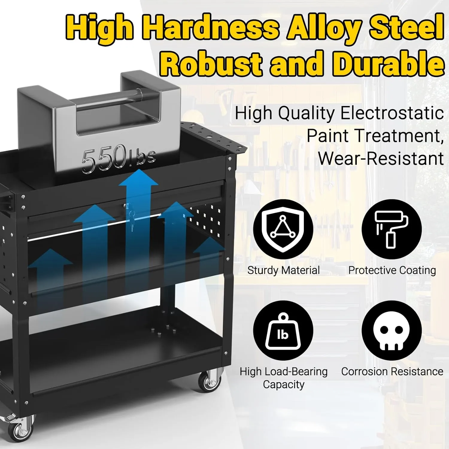 3 Tier Rolling Tool Cart on Wheels, 550 LBS Tool Cart with Drawers，Heavy Duty Utility Cart with Pegboard and Hook，Mechanic Tool Storage Cart for Garage, Warehouse and Repair Shop(Black)