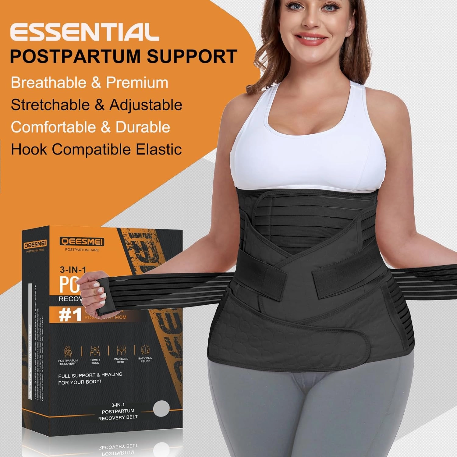 3 in 1 Postpartum Belly Support Recovery Wrap - Postpartum Belly Band - Postpartum Essentials Post Partum Waist Binder, Post Surgery Abdominal Binder Shapewear (Black, S/M)