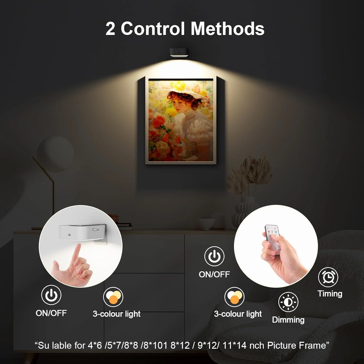 3 Pack Picture Lights for Wall, Rechargeable Battery Operated Wall Lights, Picture Frame Lights with 3 Lighting Modes, Wireless Magnetic Painting Light with Remote Control Timer (White, 3 Pack)