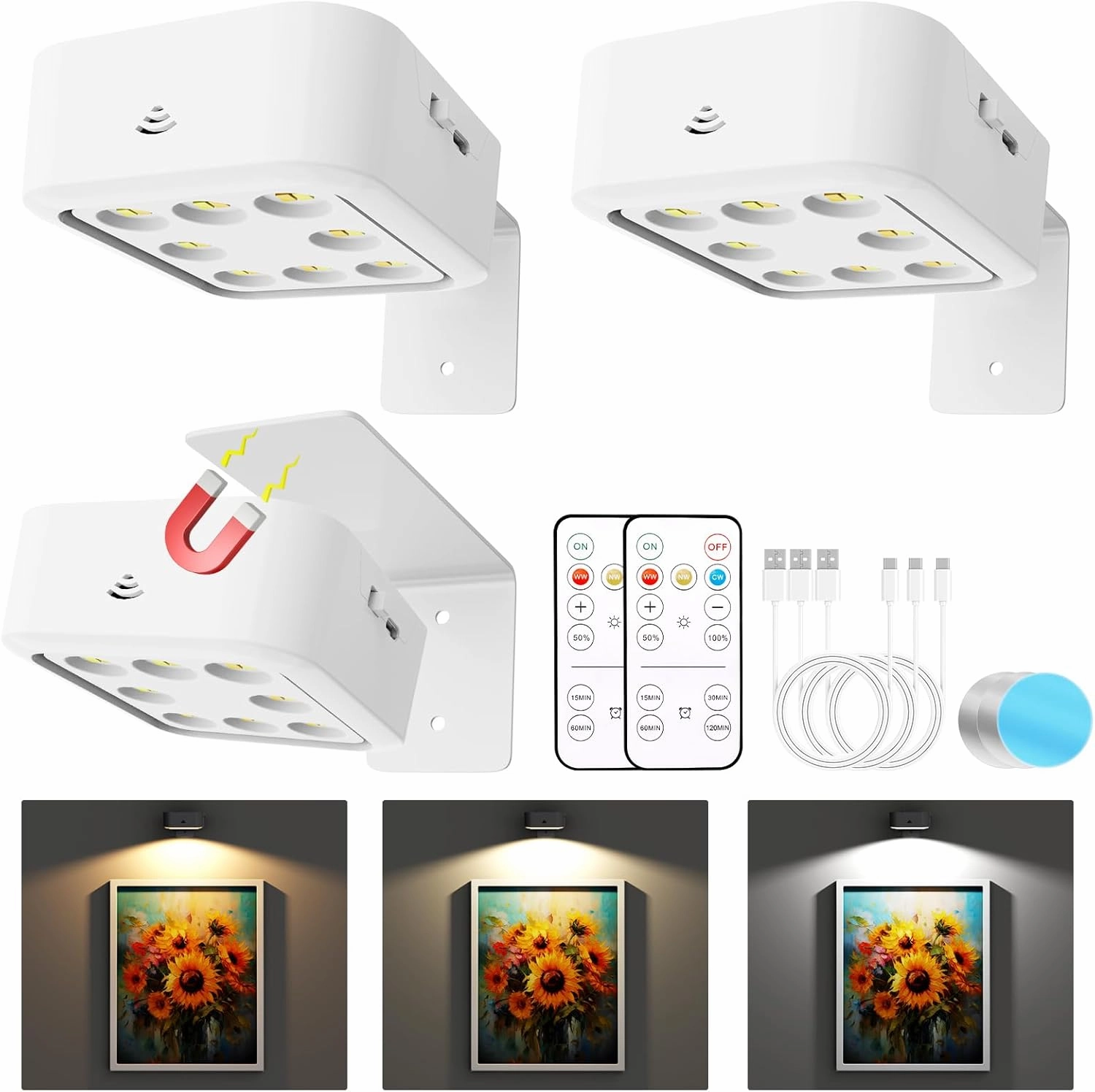 3 Pack Picture Lights for Wall, Rechargeable Battery Operated Wall Lights, Picture Frame Lights with 3 Lighting Modes, Wireless Magnetic Painting Light with Remote Control Timer (White, 3 Pack)