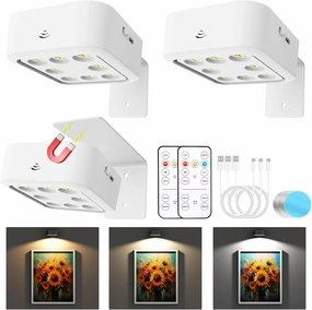 3 Pack Picture Lights for Wall, Rechargeable Battery Operated Wall Lights, Picture Frame Lights with 3 Lighting Modes, Wireless Magnetic Painting Light with Remote Control Timer (White, 3 Pack)