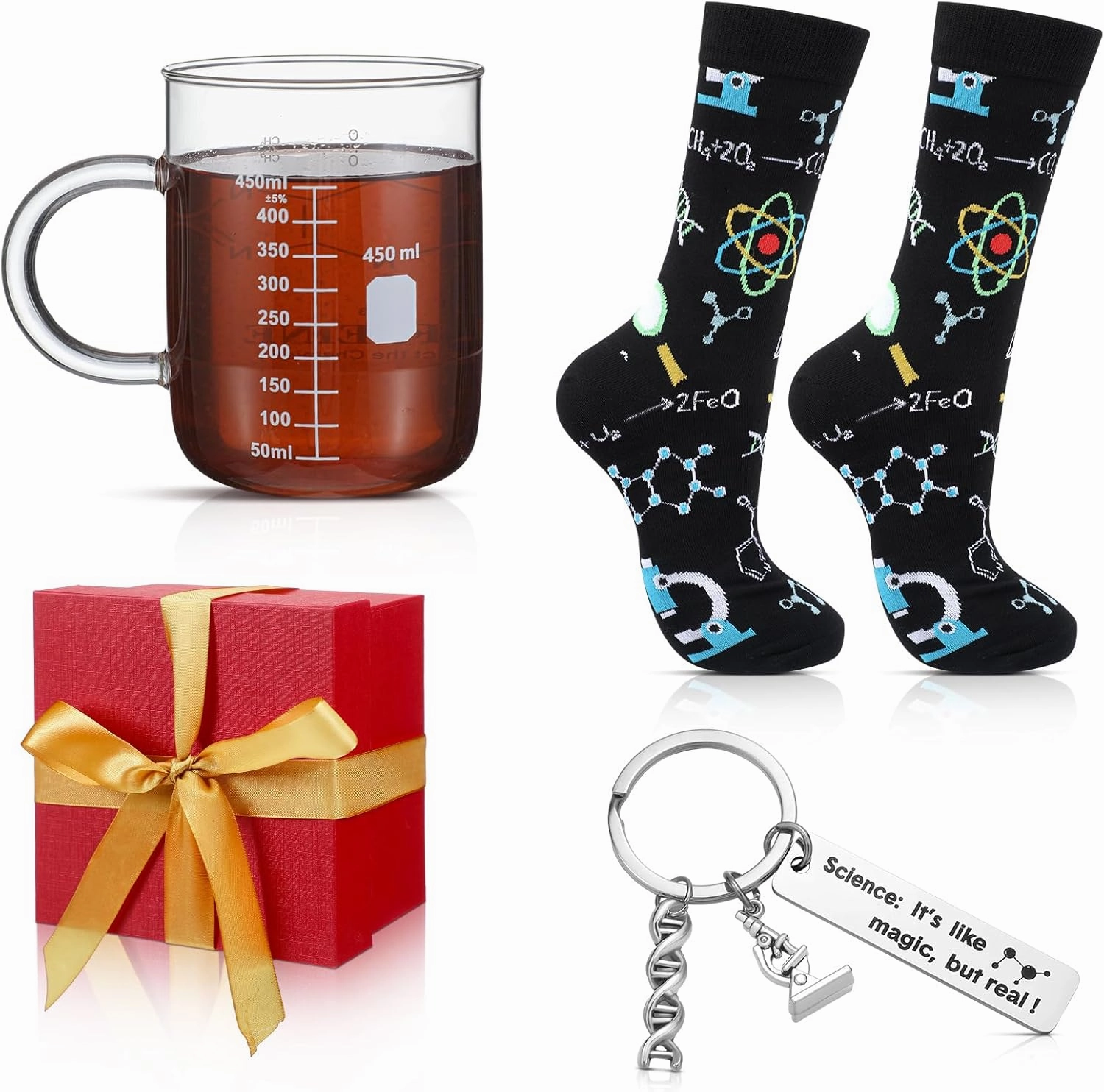 3 Pcs Graduation Science Gift Set with Glass Graduated Mug Scientist Keychain and Novelty Socks for Biologists Physics Teachers Science Lovers Gift