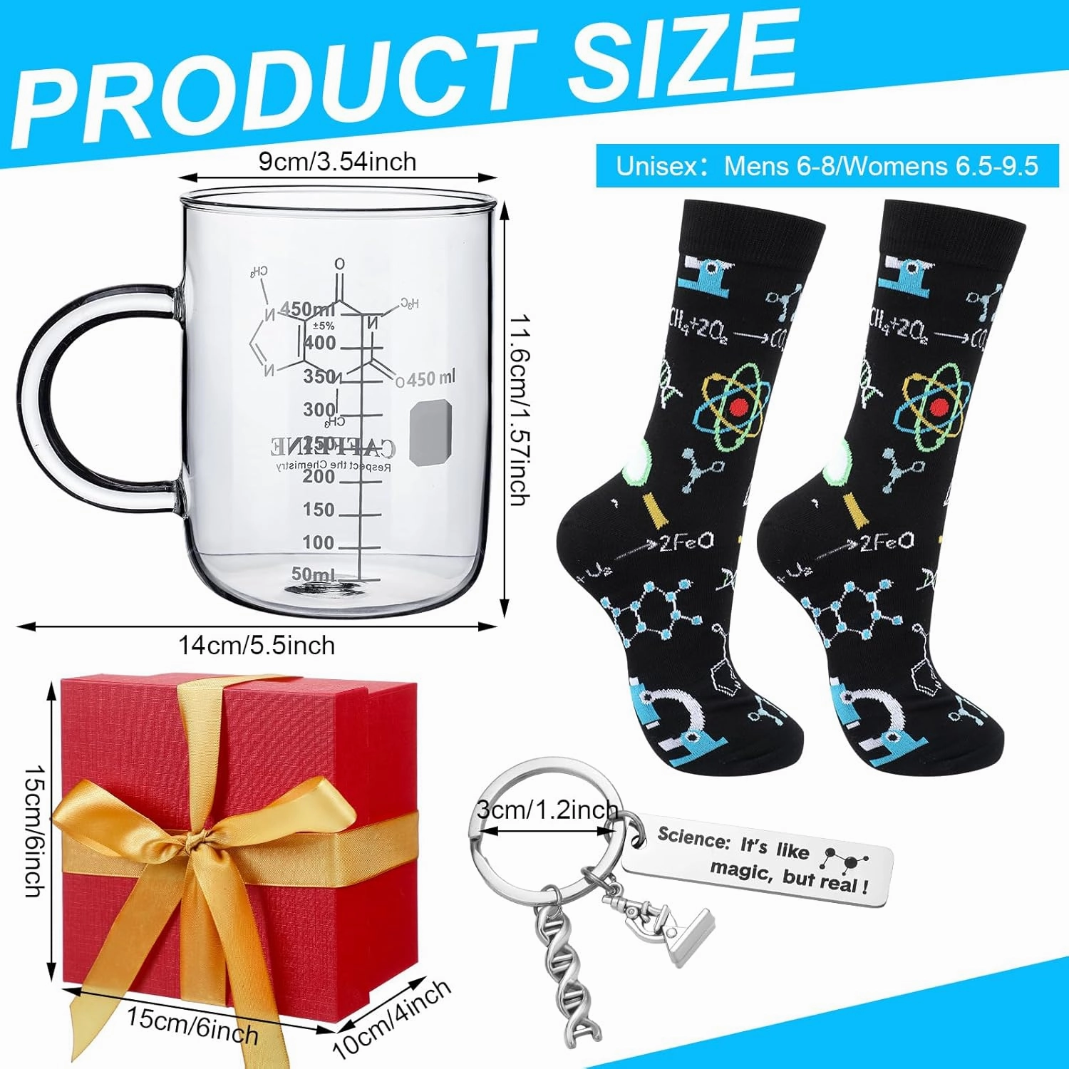 3 Pcs Graduation Science Gift Set with Glass Graduated Mug Scientist Keychain and Novelty Socks for Biologists Physics Teachers Science Lovers Gift