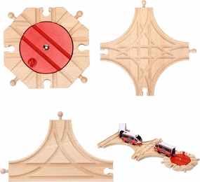 3 Pcs Wooden Train Track Expansion Set Wooden Train Accessories 8 Way Wood Track Turntable, Forked Rails and Wood T Train Track Compatible with Most Railroad for Table Tabletop Activities