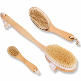 3 Set Body Brush Set - Long Wooden Dry Bath Body Back Brush, Contour Handle Natural Bristle Brush and Facial Brush