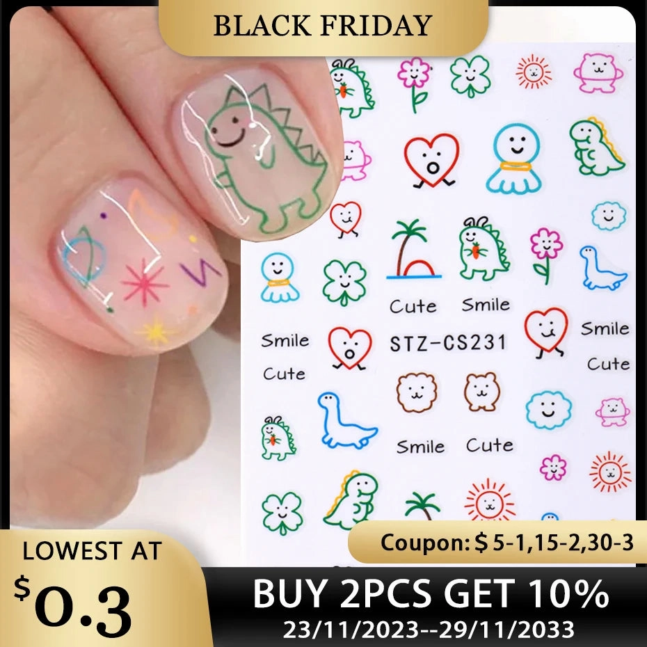 3D Kawaii Dinosaur Nail Stickers Cartoon Anime Animal Self-adhesive Decal Cute Design Sliders Manicure Decoration Accessories