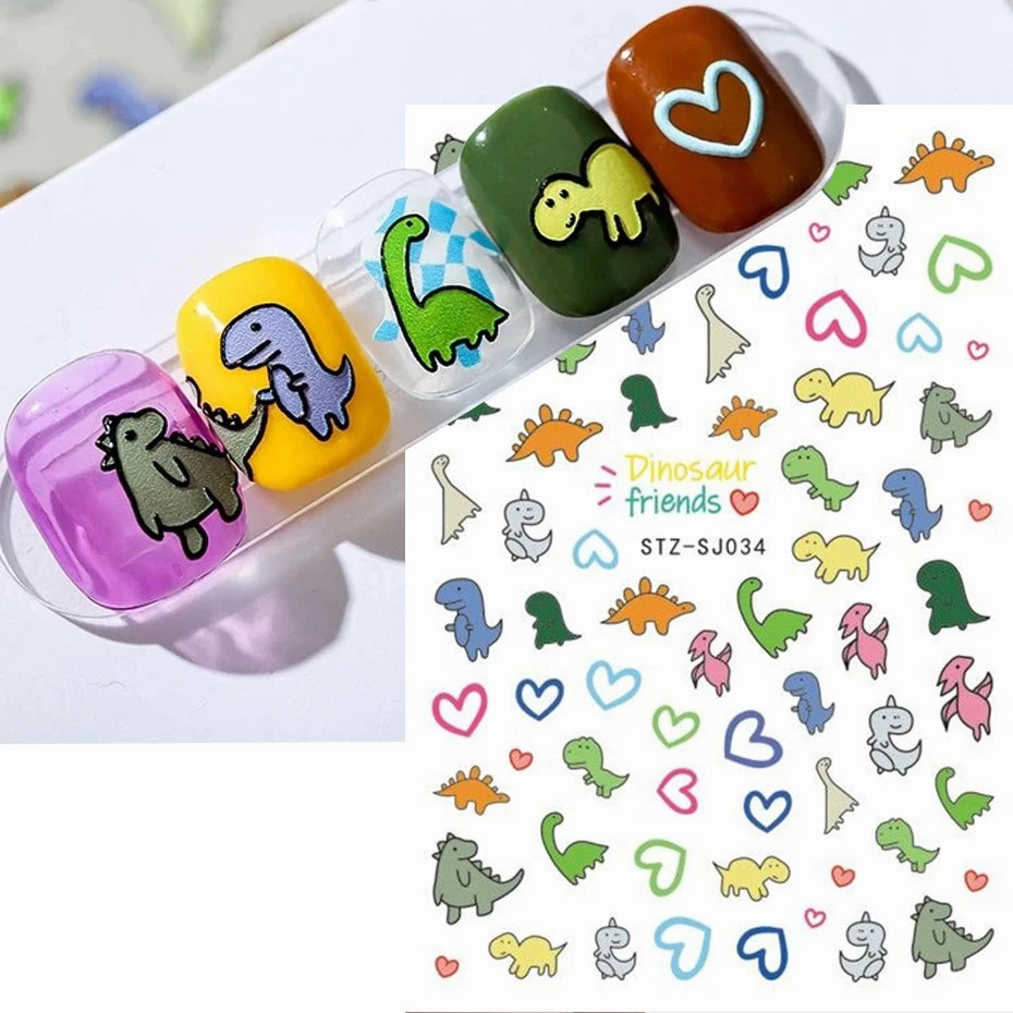 3D Kawaii Dinosaur Nail Stickers Cartoon Anime Animal Self-adhesive Decal Cute Design Sliders Manicure Decoration Accessories