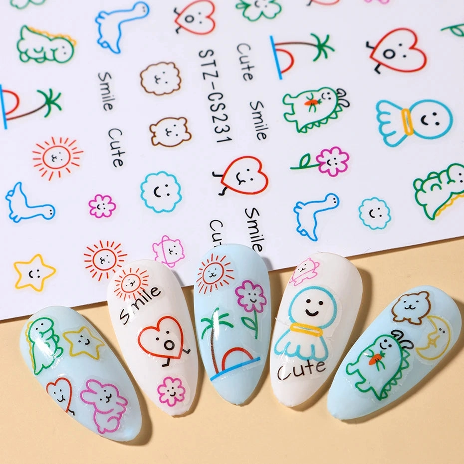 3D Kawaii Dinosaur Nail Stickers Cartoon Anime Animal Self-adhesive Decal Cute Design Sliders Manicure Decoration Accessories