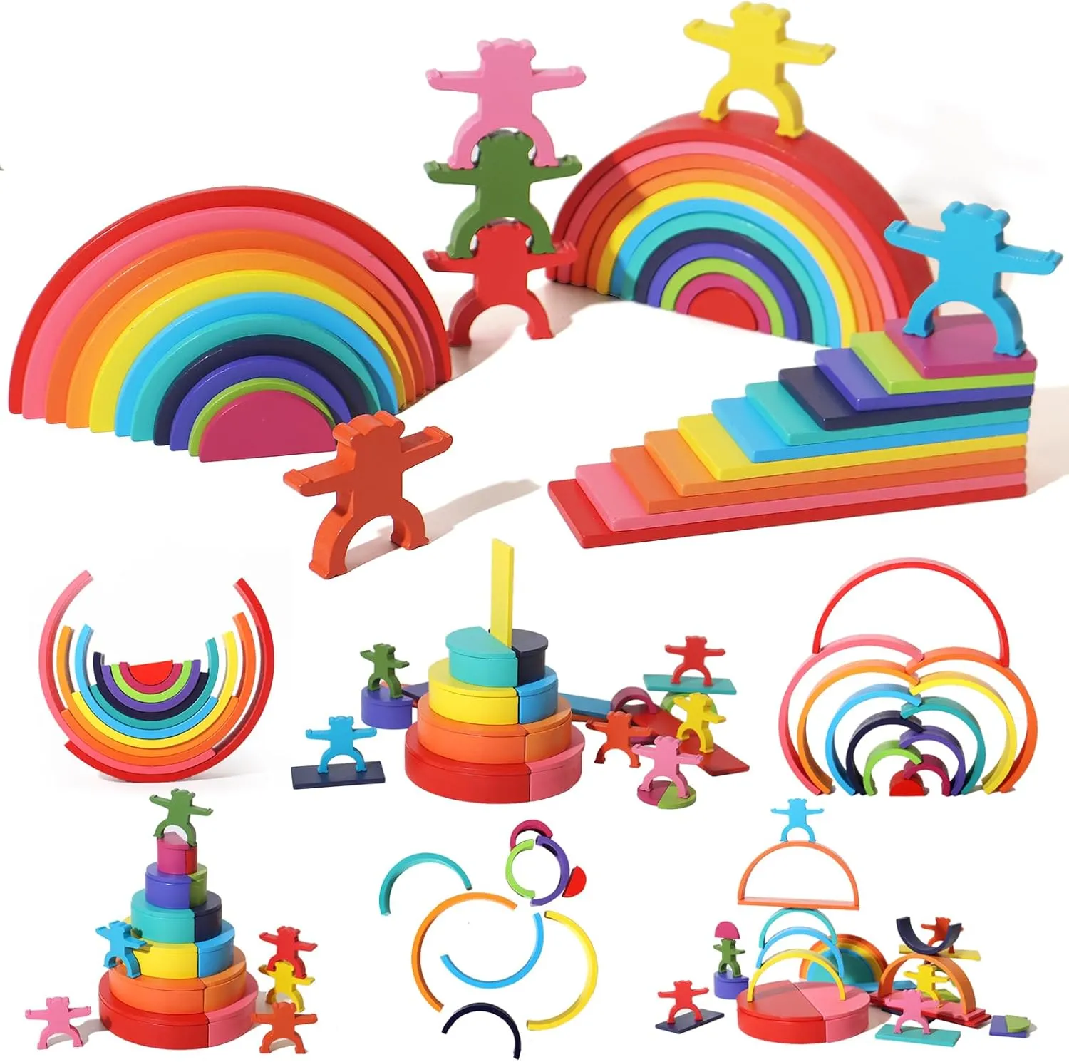 40-Piece Wooden Rainbow Stack Set, 4-in-1 Building Blocks preschoolers Early Development & Activity Toys Montessori Toys for Kids 3, 4, 5, 6 Years and Older Gifts for Boys and Girls