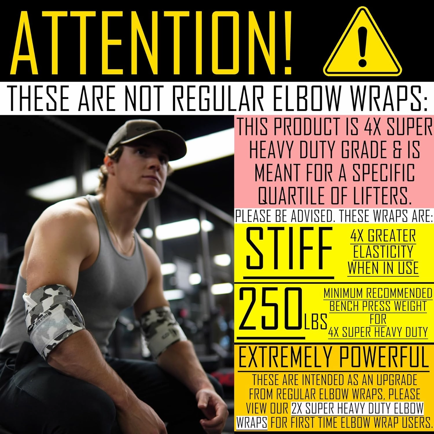 42" 4x Elbow Wraps for Weightlifting (1 Pair) - Elastic Elbow Compression Braces - Weight Lifting Gym Straps - Support for Powerlifting, Fitness, Gym Workout, & Bench Press (White Camo)