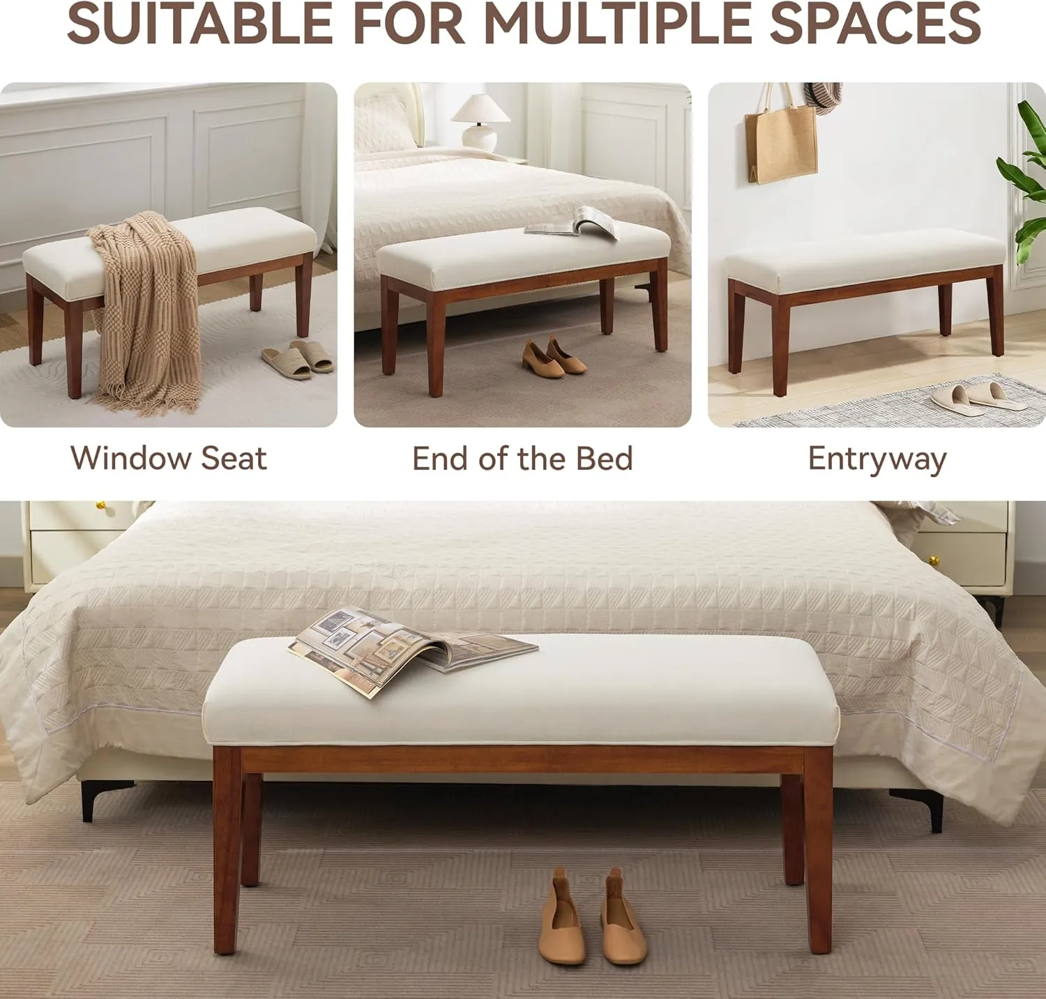 43.5'' Linen Bedroom Bench, Upholstered End of Bed Bench, Padded Vintage Dining Bench, Entryway Bench with Solid Wood Legs, Kitchen, Living Room, Hallway, White