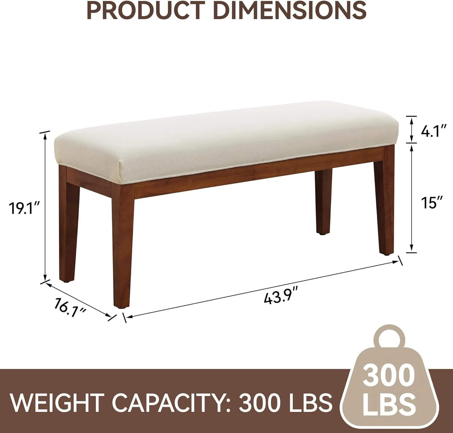 43.5'' Linen Bedroom Bench, Upholstered End of Bed Bench, Padded Vintage Dining Bench, Entryway Bench with Solid Wood Legs, Kitchen, Living Room, Hallway, White