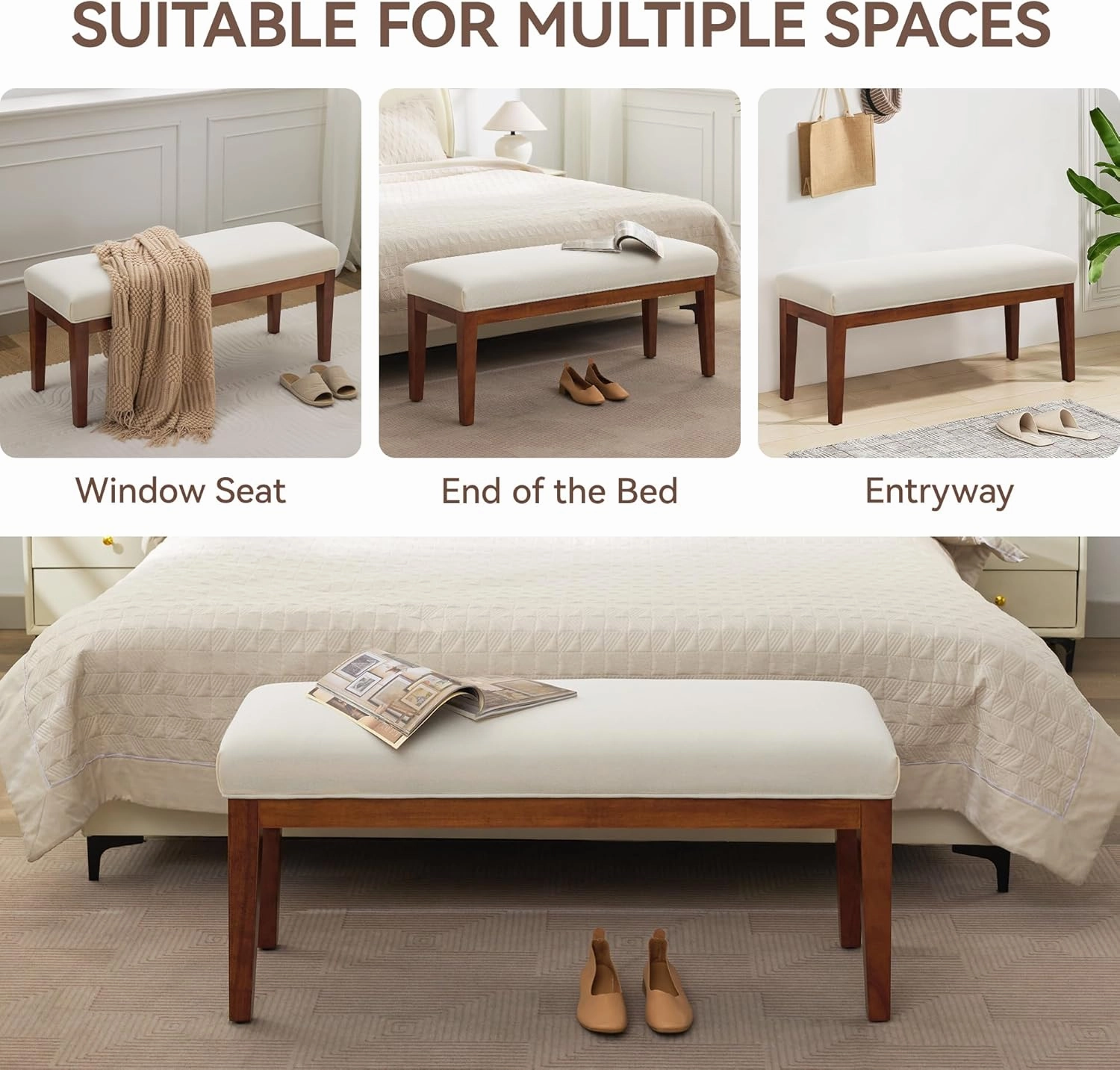 43.5'' Linen Bedroom Bench, Upholstered End of Bed Bench, Padded Vintage Dining Bench, Entryway Bench with Solid Wood Legs, Kitchen, Living Room, Hallway, White