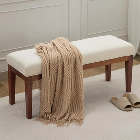 43.5'' Linen Bedroom Bench, Upholstered End of Bed Bench, Padded Vintage Dining Bench, Entryway Bench with Solid Wood Legs, Kitchen, Living Room, Hallway, White