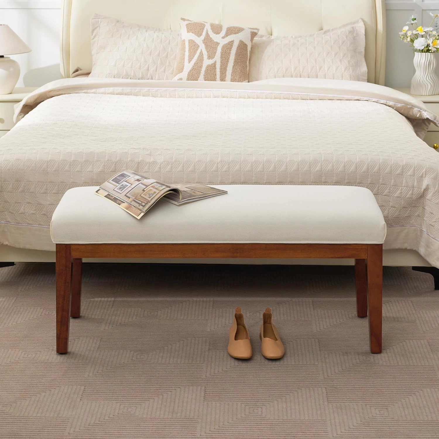 43.5'' Linen Bedroom Bench, Upholstered End of Bed Bench, Padded Vintage Dining Bench, Entryway Bench with Solid Wood Legs, Kitchen, Living Room, Hallway, White