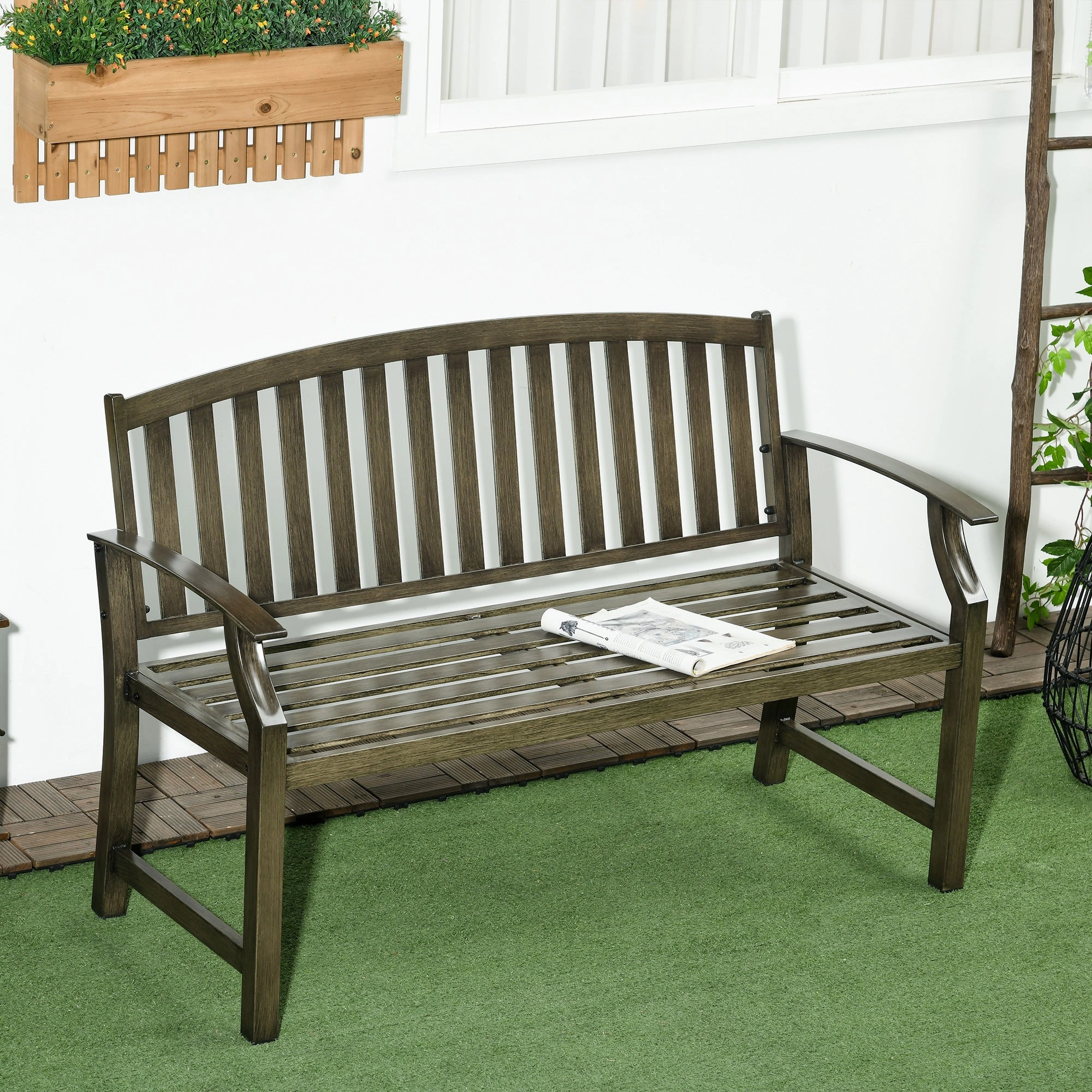 46" Outdoor Metal Bench with Wood-Look Slatted Frame, Black