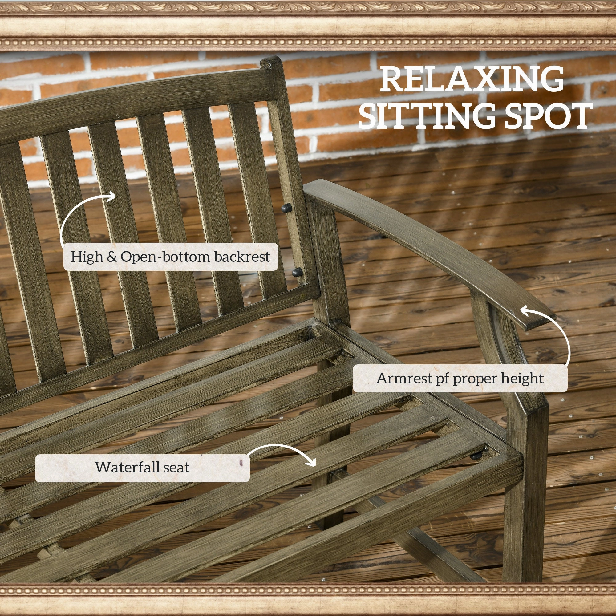 46" Outdoor Metal Bench with Wood-Look Slatted Frame, Black