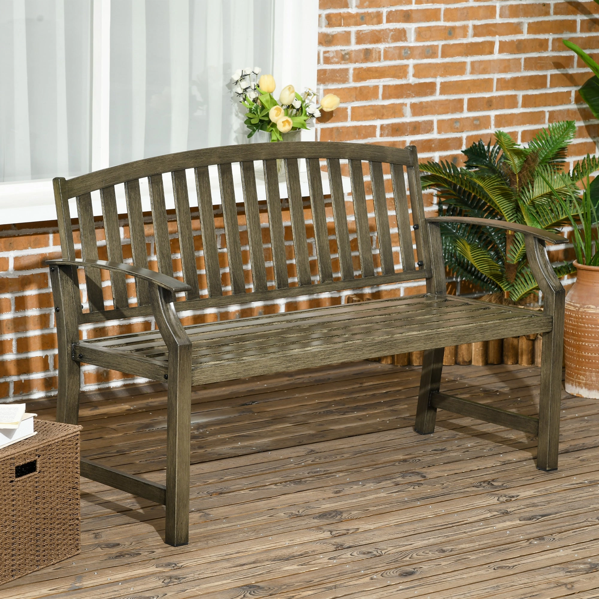 46" Outdoor Metal Bench with Wood-Look Slatted Frame, Black