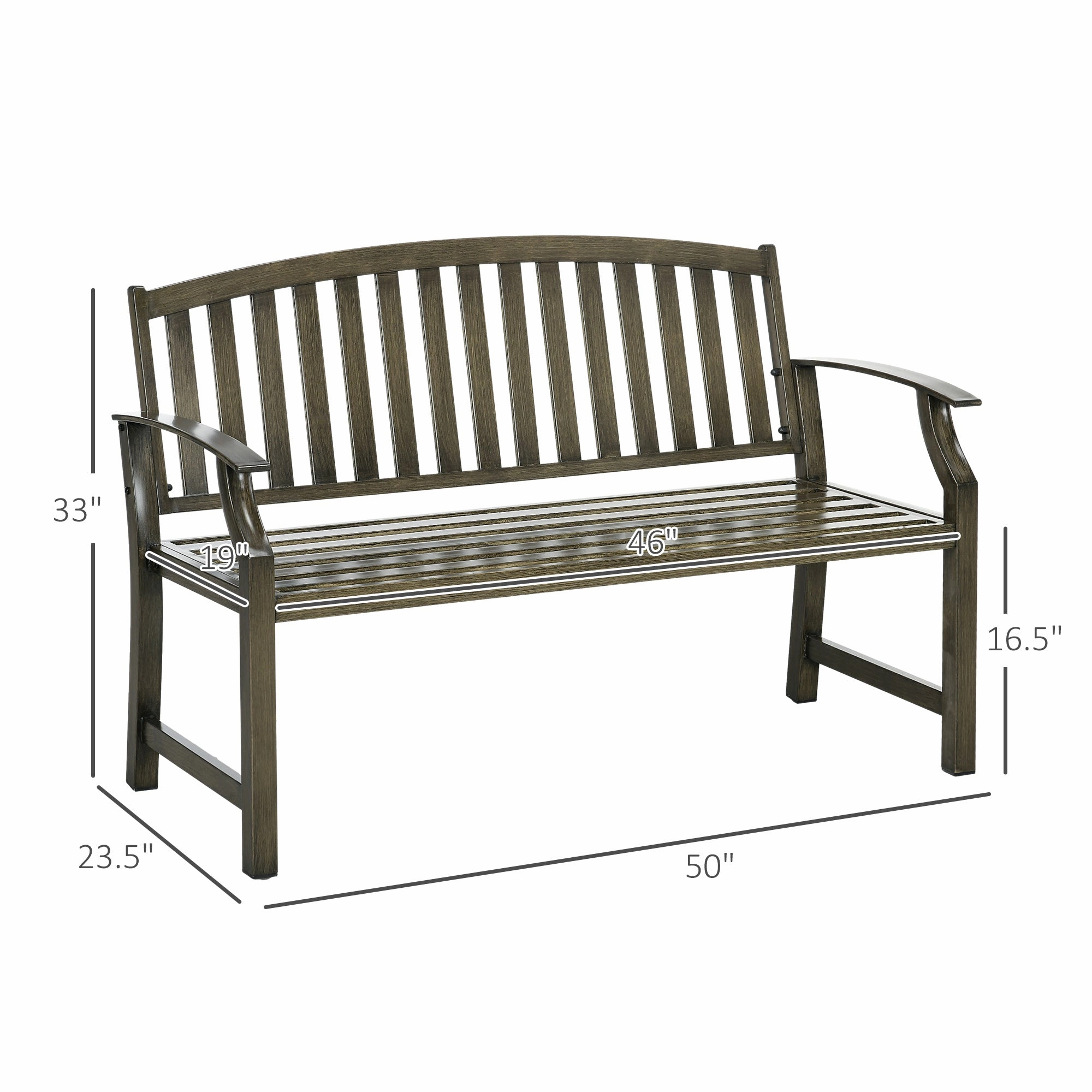 46" Outdoor Metal Bench with Wood-Look Slatted Frame, Black