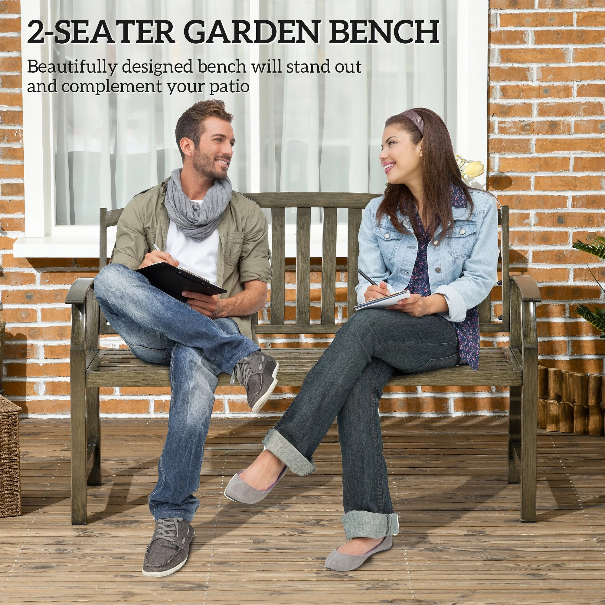 46" Outdoor Metal Bench with Wood-Look Slatted Frame, Black