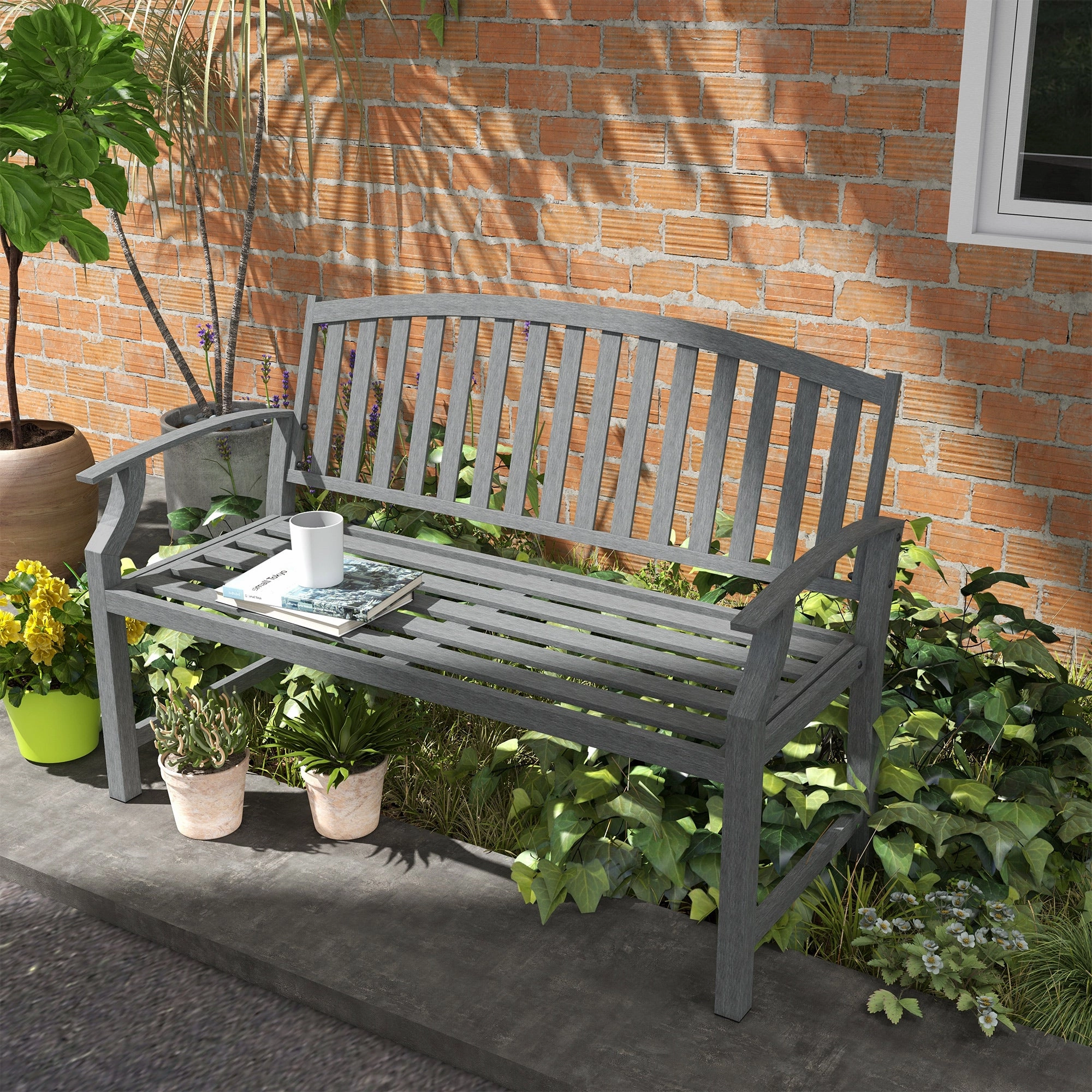 46" Outdoor Metal Bench with Wood-Look Slatted Frame, Gray