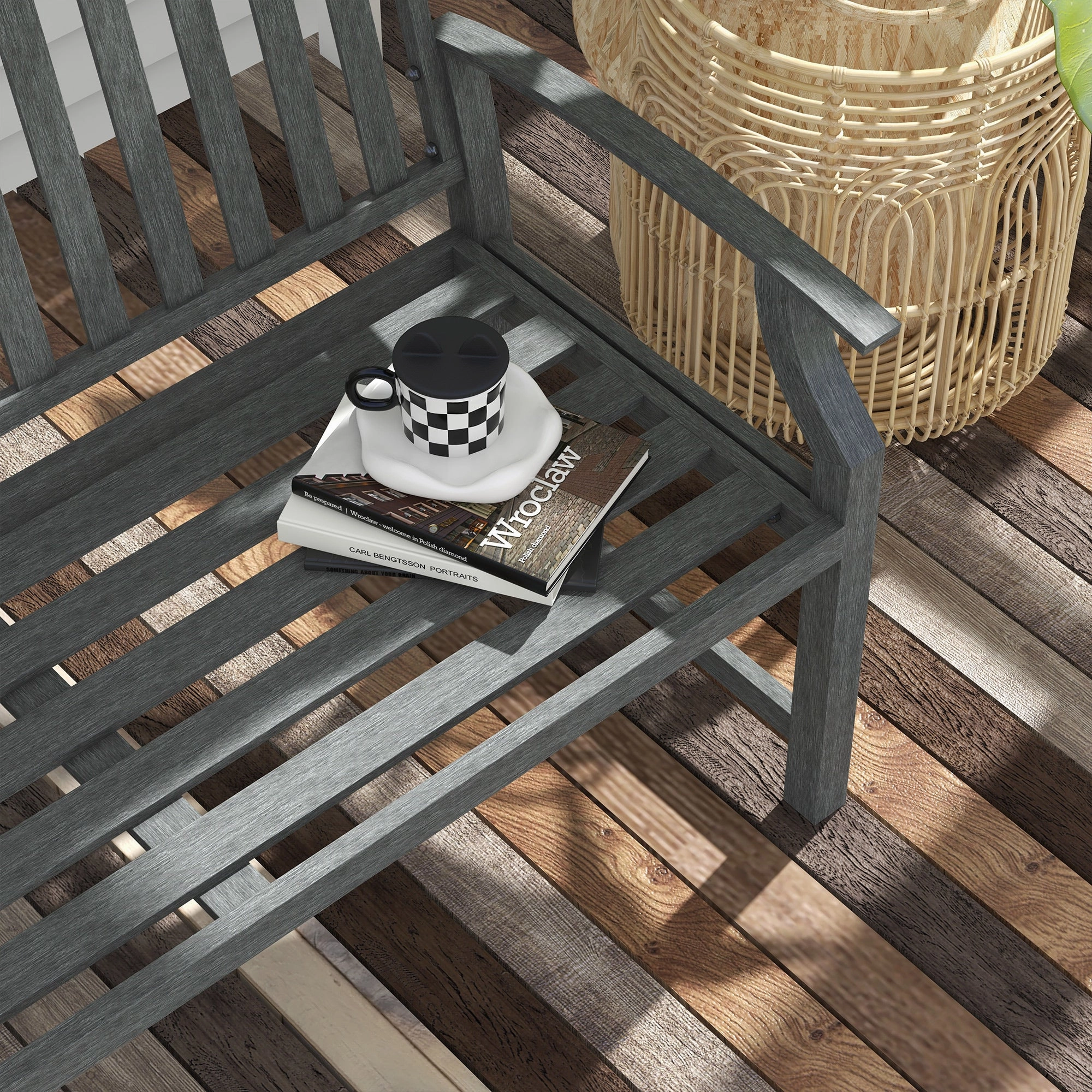 46" Outdoor Metal Bench with Wood-Look Slatted Frame, Gray