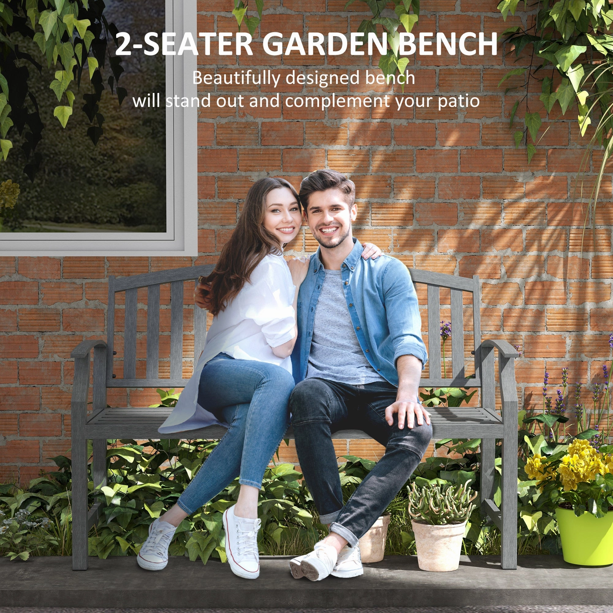 46" Outdoor Metal Bench with Wood-Look Slatted Frame, Gray