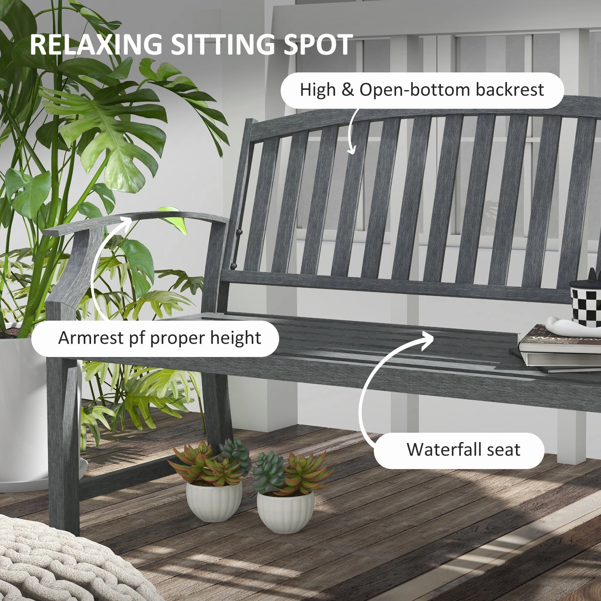 46" Outdoor Metal Bench with Wood-Look Slatted Frame, Gray