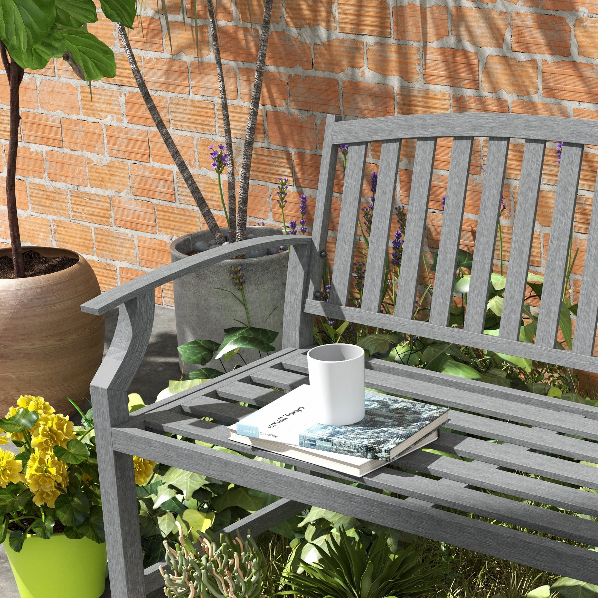 46" Outdoor Metal Bench with Wood-Look Slatted Frame, Gray