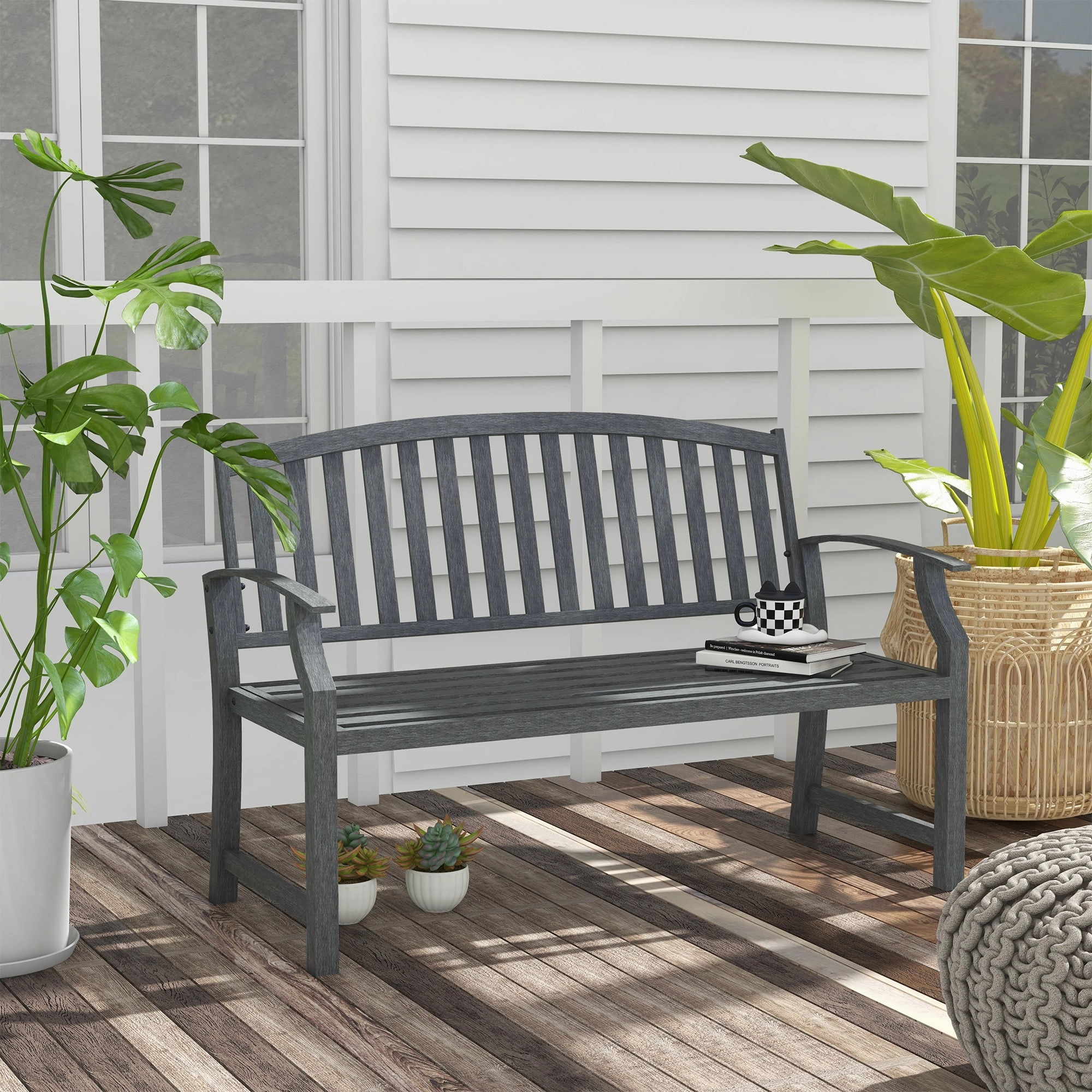 46" Outdoor Metal Bench with Wood-Look Slatted Frame, Gray