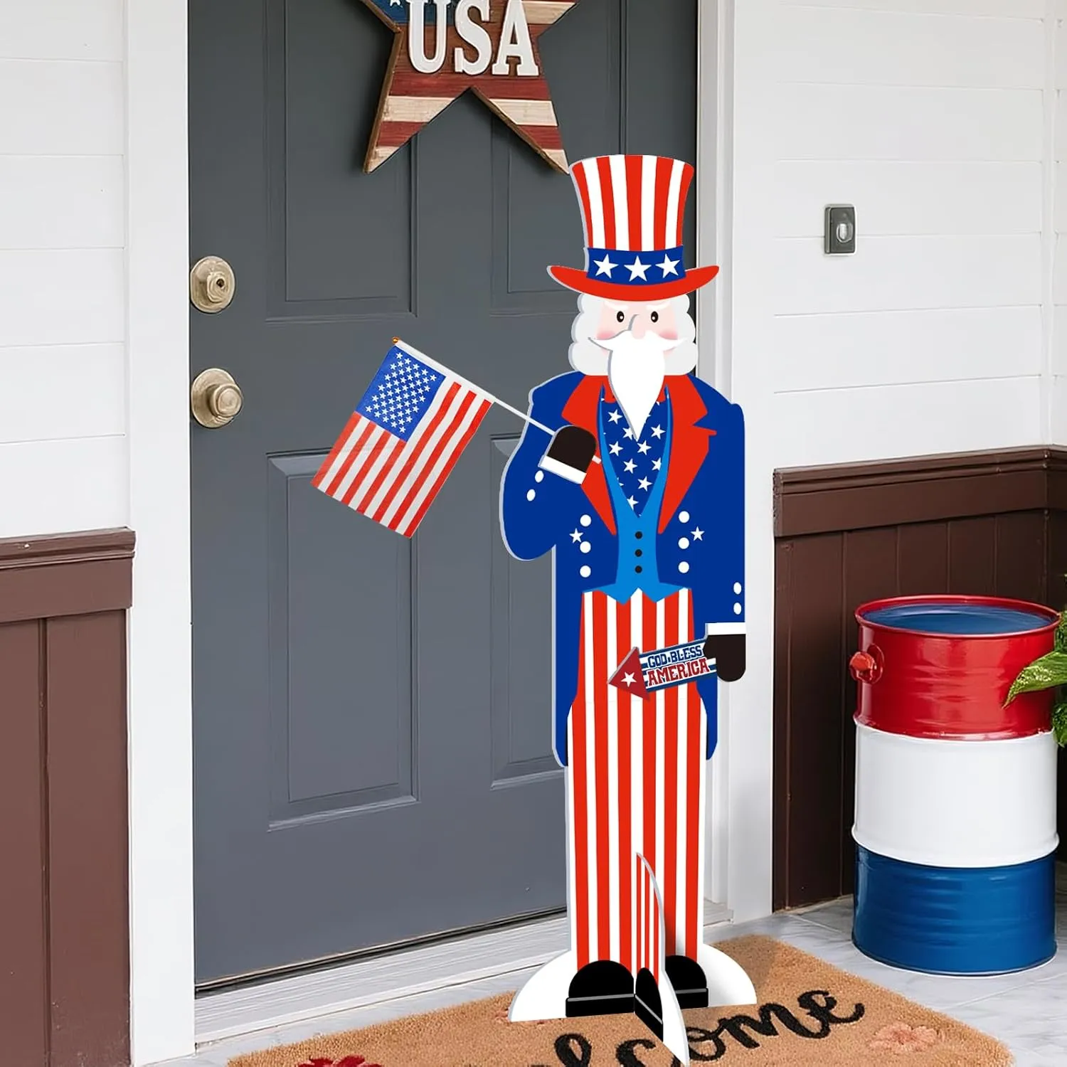 4ft Large Patriotic Porch Decor, Americana Uncle Sam Cardboard Cutouts, Patriotic Cardboard Standup Decor, Freestanding Porch Sign