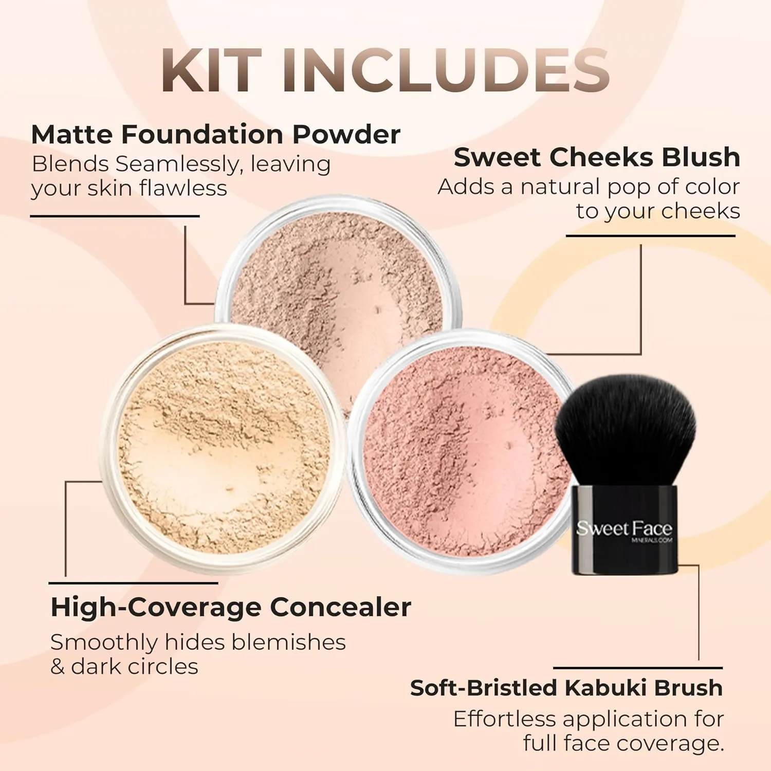 4pc (LIGHT) KIT w/KABUKI BRUSH Mineral Makeup Matte Loose Powder Foundation Concealer Blush Long Lasting Bare Face Cosmetics
