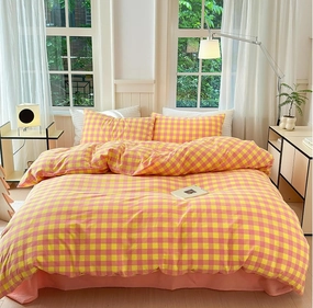 4Pcs,100% Washed Cotton Bedding Duvet Cover Set,Solid Color Grid Quilt Cover,Japanese Soft Microfiber Comforter Cover with Zipper Closure & Corner Ties(Pink and Yellow B,Twin(3pcs))