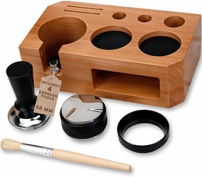 58 mm Espresso Tamping Station With Tools - Includes Coffee Tamper, Distributor, Dosing Funnel & Brush - Wooden Coffee Tamper Station - Espresso Organizer & Portafilter Holder