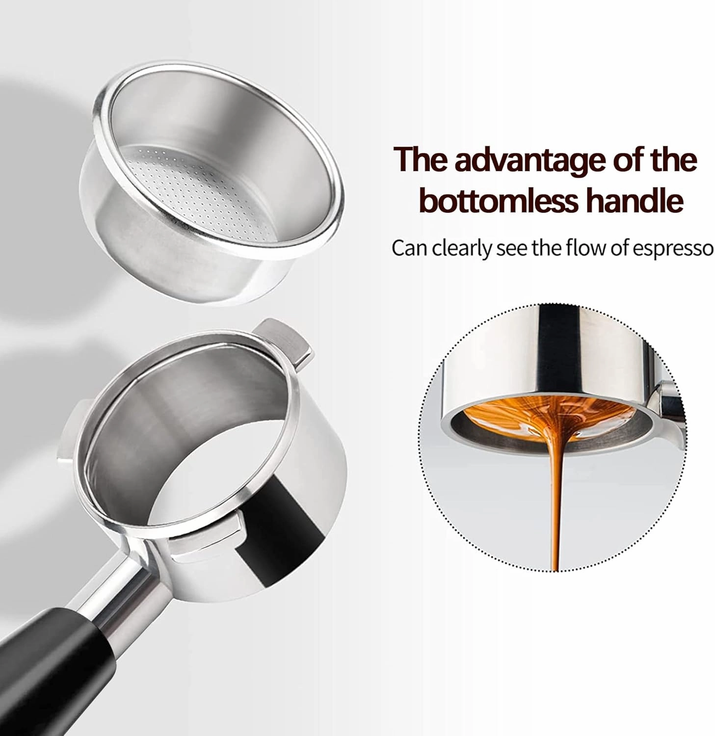 58mm 2 Ears Bottomless Portafilter Compatible with E61 Group, Rancilio/Expobar/Rocket/Flair 58/ECM/Faema Espresso Machines, Stainless Steel Basket Included ABS Handle Black