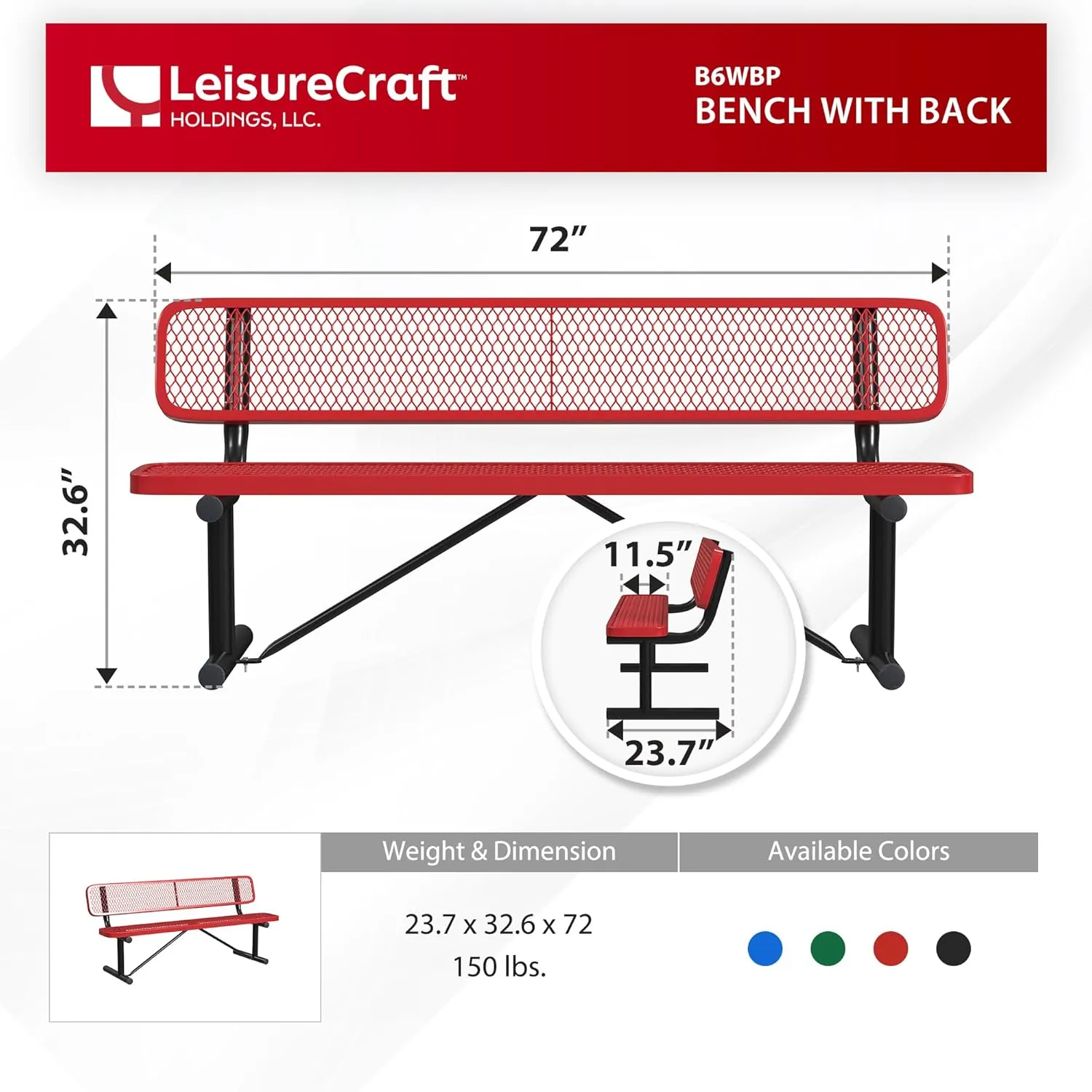 6 Foot Outdoor Bench with Back, Portable Heavy-Duty Bench, Made with Heavy-Gauge Metal and a Durable Thermoplastic Coating, Commercial Outdoor Park Bench, Made in The USA