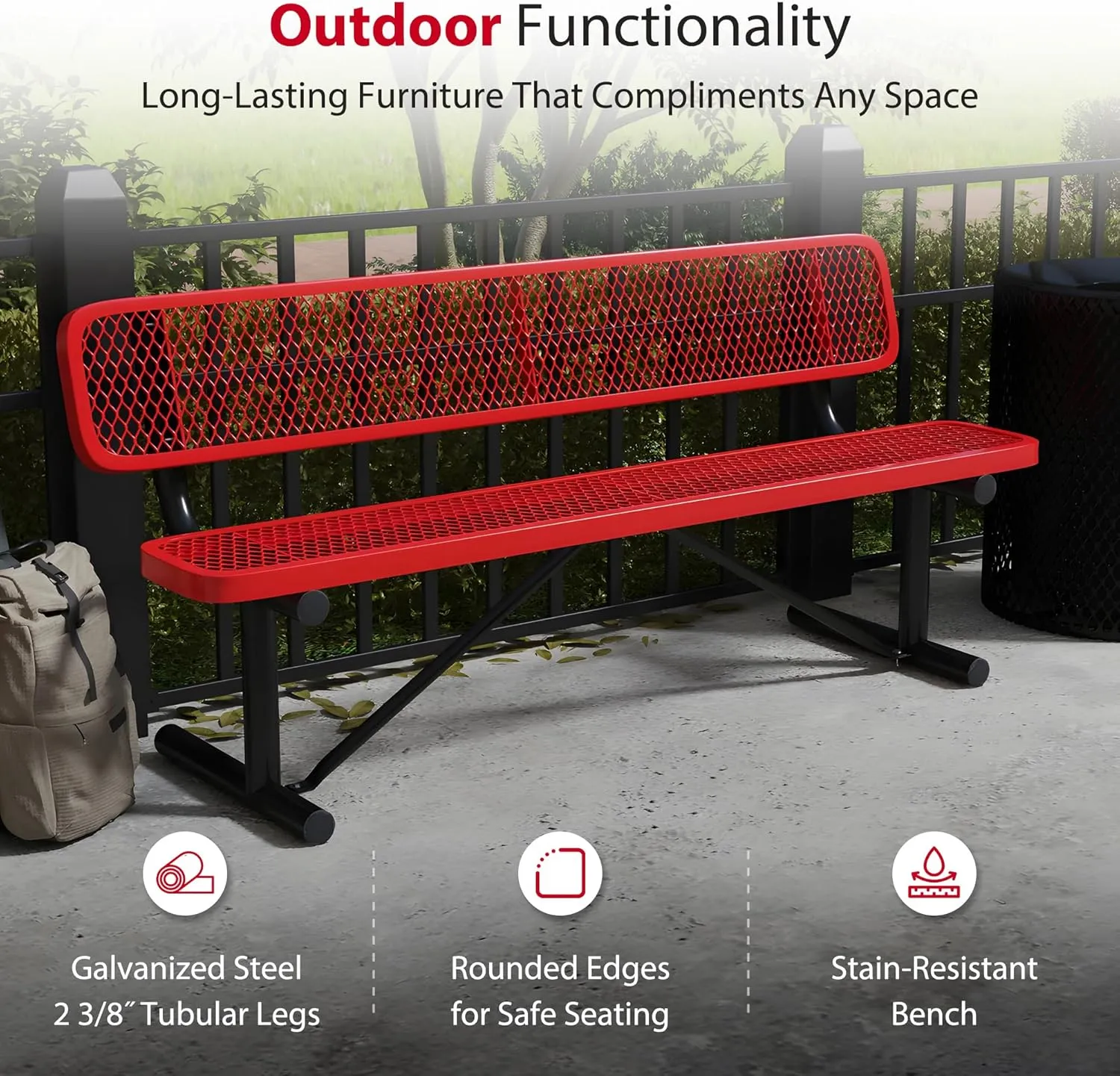 6 Foot Outdoor Bench with Back, Portable Heavy-Duty Bench, Made with Heavy-Gauge Metal and a Durable Thermoplastic Coating, Commercial Outdoor Park Bench, Made in The USA