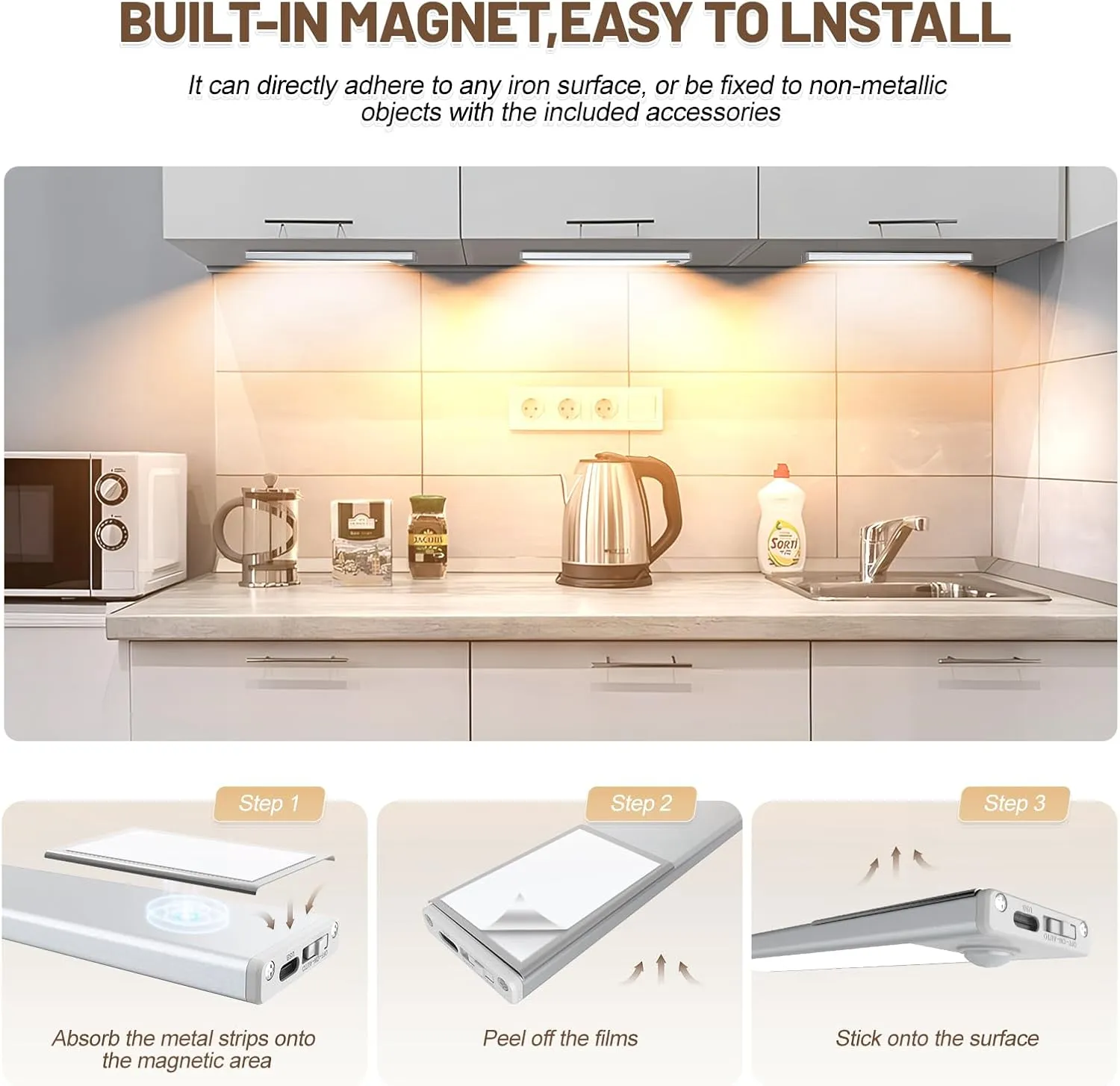 6 Pack Under Cabinet Lights Wireless, 32 LED Motion Sensor Light Indoor Rechargeable Magnetic Closet Lights Battery Operated, Under Counter Lights for Kitchen, Wardrobe, Stairs, Warm Light