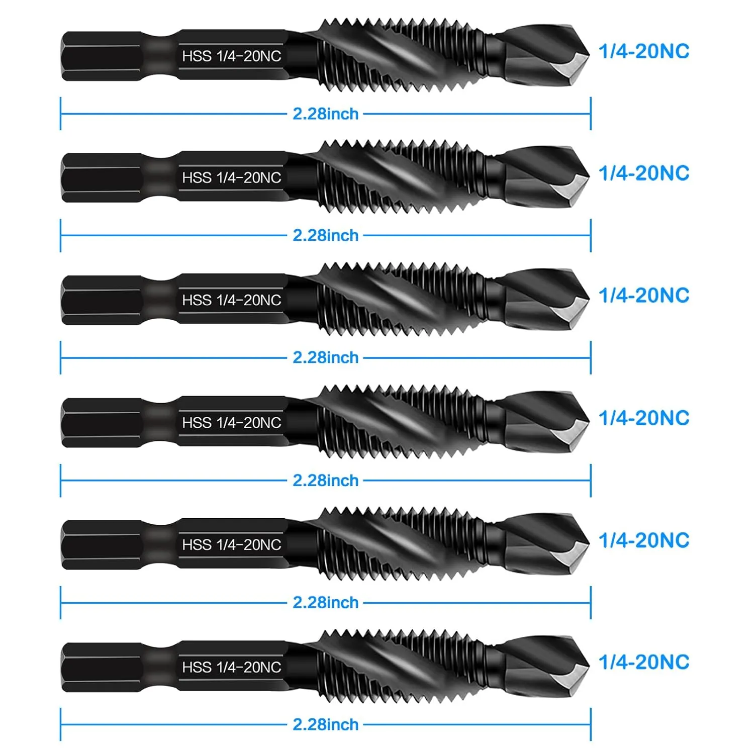 6-Piece 1/4-20NC Combination Drill Tap Bit Set SAE, Made of High-Speed Steel with Anti-Rust Blackened Coating, Ideal for Soft Metal, Wood & Plastic, 1/4” UNC-20 Thread Size, 1/4” Hex Shank
